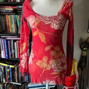 Sweet pea by stacy frati Size Large Red mesh y2k blouse long sleeve red floral p